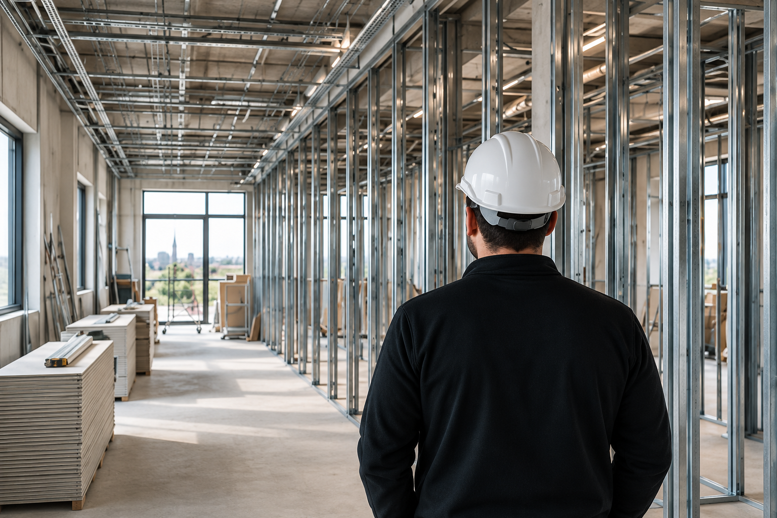 Afbouwwerkzaamheden op een bouwlocatie met metalen regelwerk
