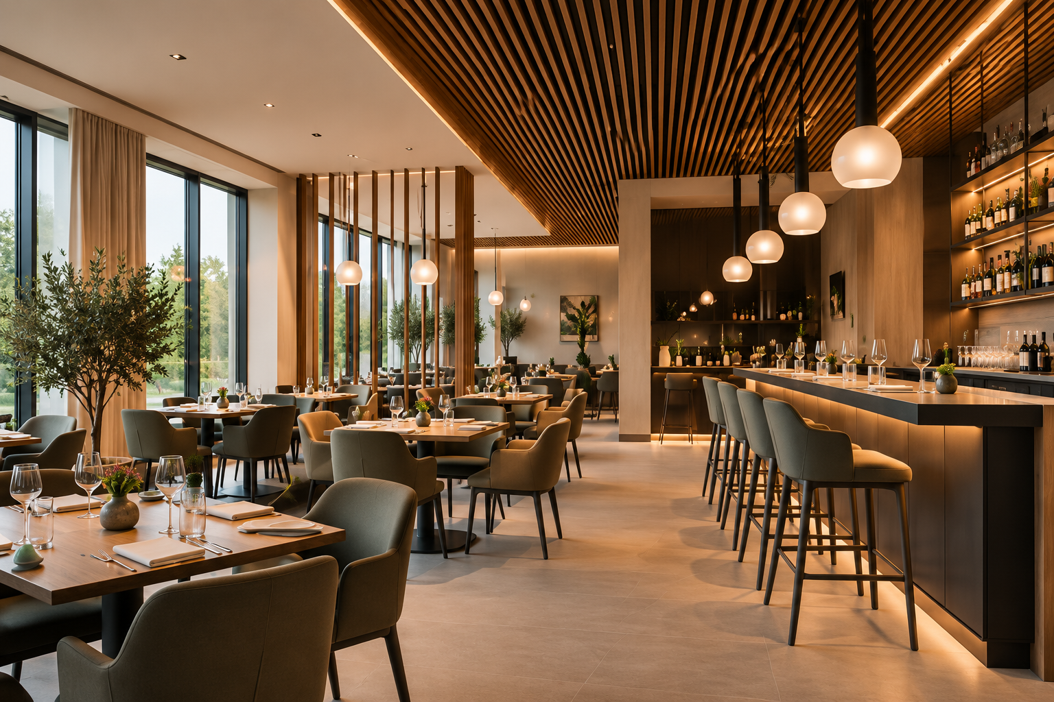 Horeca-interieur met houten afwerking, bar en restaurantruimtes