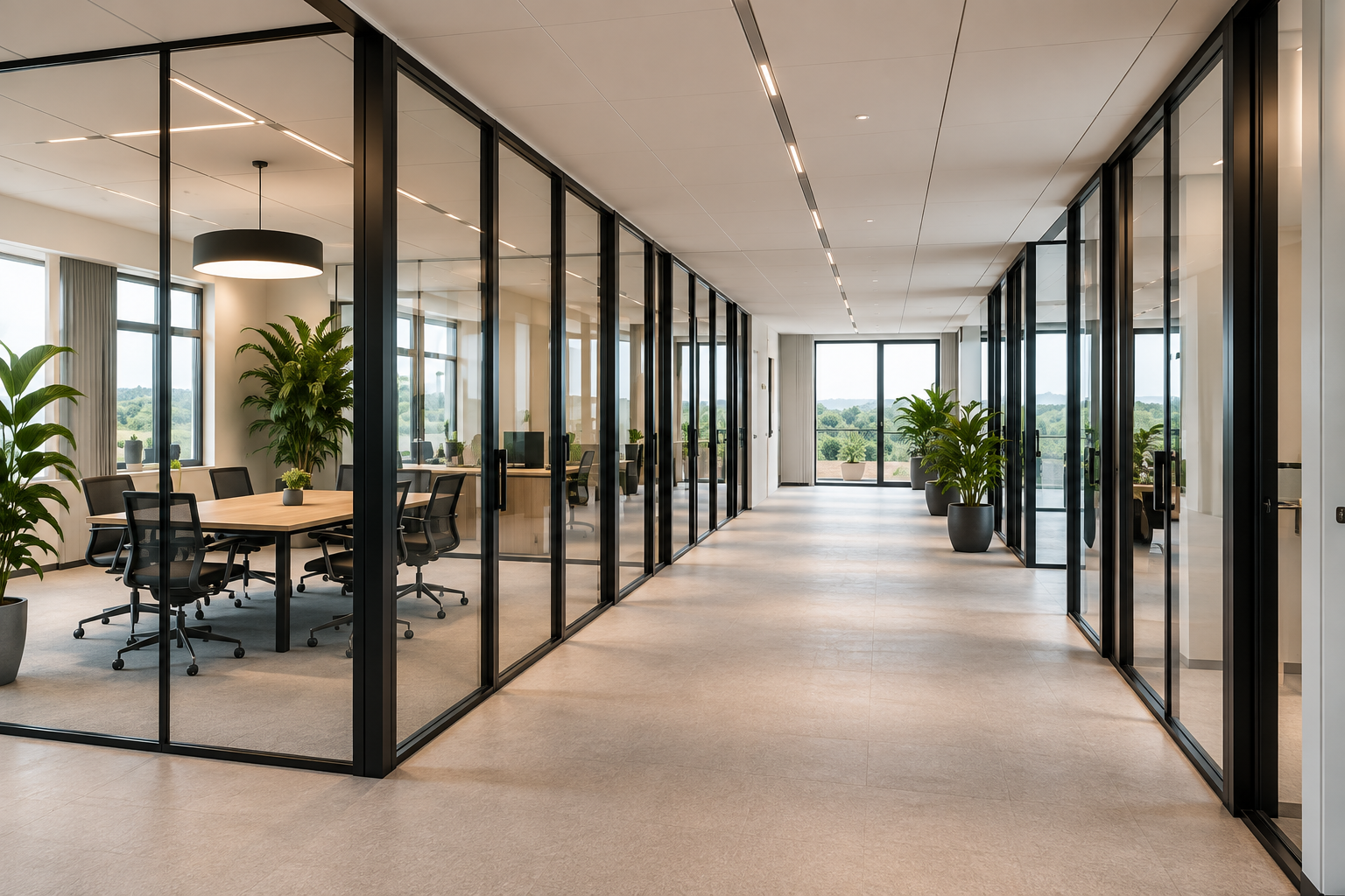 Kantoorinterieur met glazen wanden en vergaderruimtes