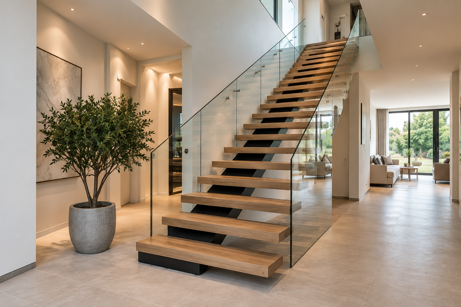 Wooninterieur met houten trap, glazen balustrade en stucwerk