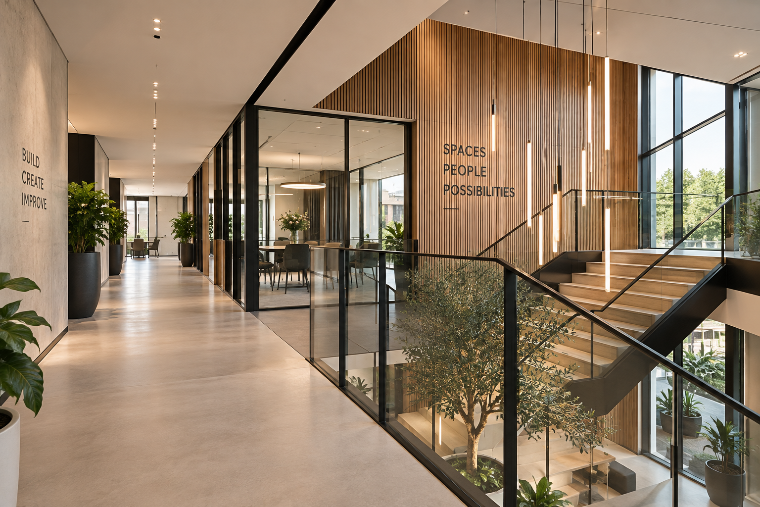 Kantoorinterieur met glazen wanden, houten afwerking en vide